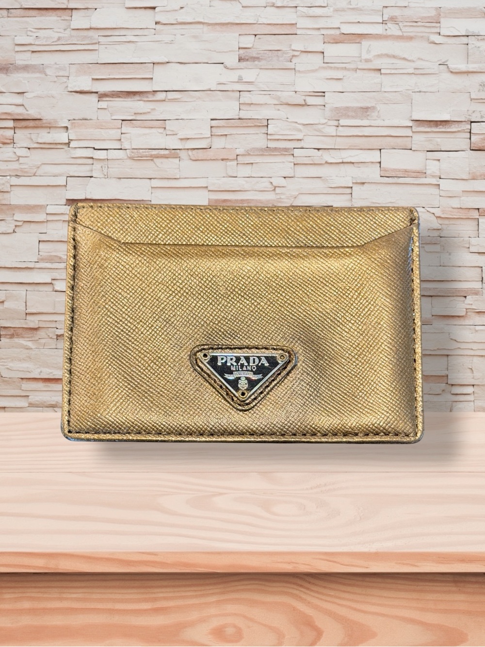 Prada Metallic Gold Saffiano Leather Card Case